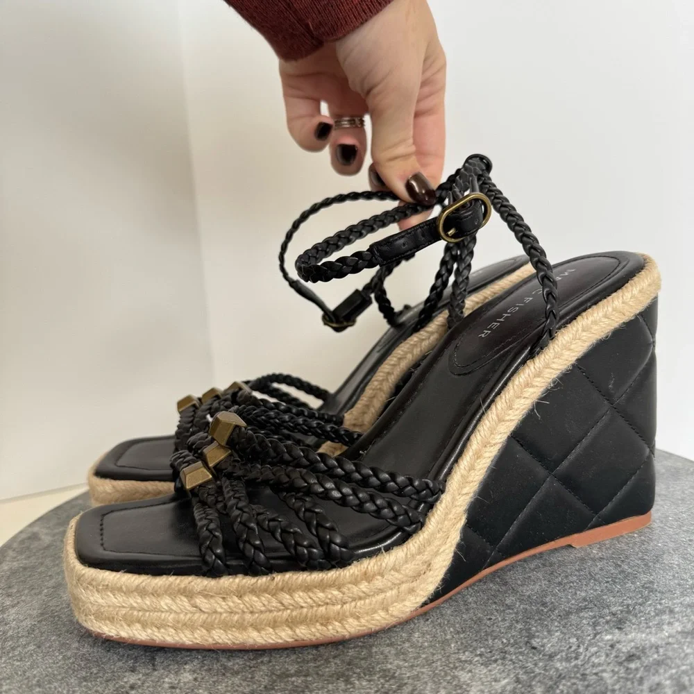 Marc Fisher Black Tan Hayla Wedge Heels Sandals 8 Leather